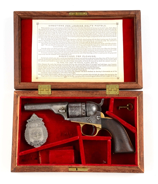 (A) CASED COLT MODEL 1862 POLICE CARTRIDGE CONVERSION QUINCY POLICE REVOLVER.