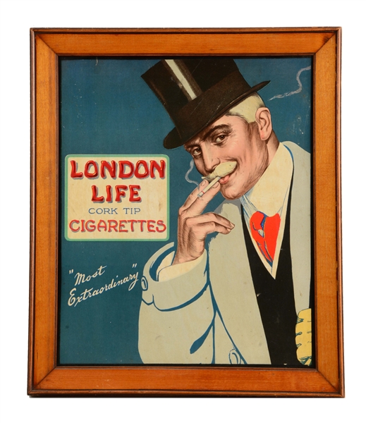 FRAMED LONDON LIFE CORK TIP CIGARETTES SIGN. 