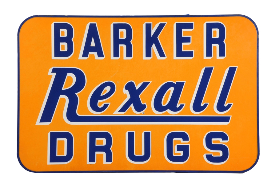 BARKER REXALL DRUGS PORCELAIN SIGN WITH SMALL TIN SIGN. 