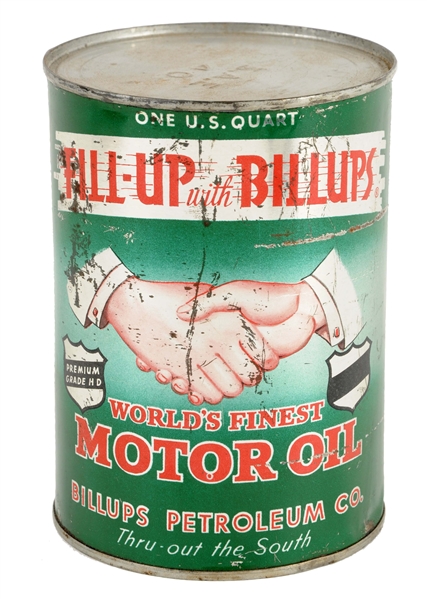BILLUPS MOTOR OIL W/ SHAKING HANDS GRAPHIC QUART CAN.