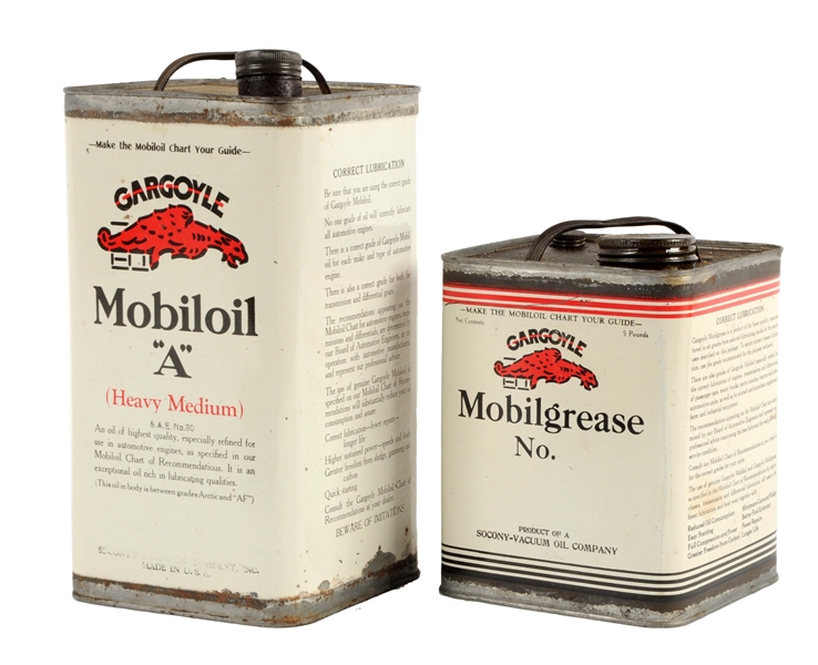 LOT OF 2: EARLY MOBILOIL GARGOYLE SQUARE OIL CANS.