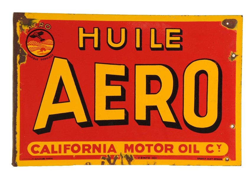 HUILE AERO CALIFORNIA MOTOR OIL PORCELAIN FLANGE SIGN.