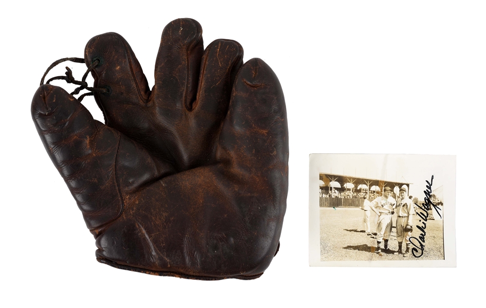 LOT OF 2: CHARLIE WAGNER GAME USED GLOVE & PHOTOGRAPH.  