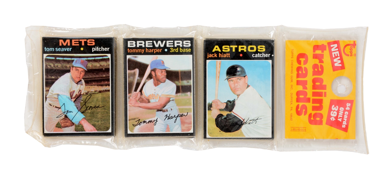 1971 TOPPS RACK PACK WITH TOM SEAVER ON TOP.