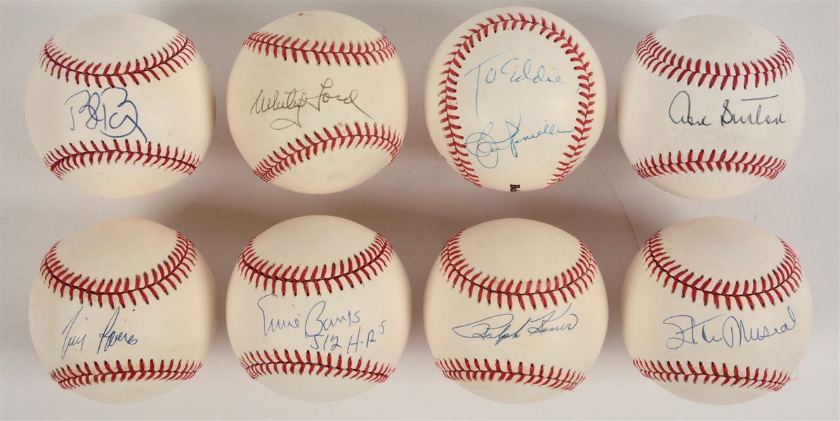 LOT OF 8: SINGLE SIGNED BASEBALLS INCLUDING MUSIAL, BANKS & FORD.