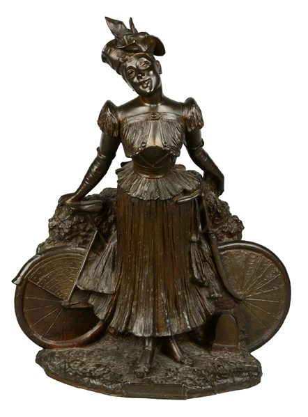 BRONZE STATUE OF WOMAN & BICYCLE. 