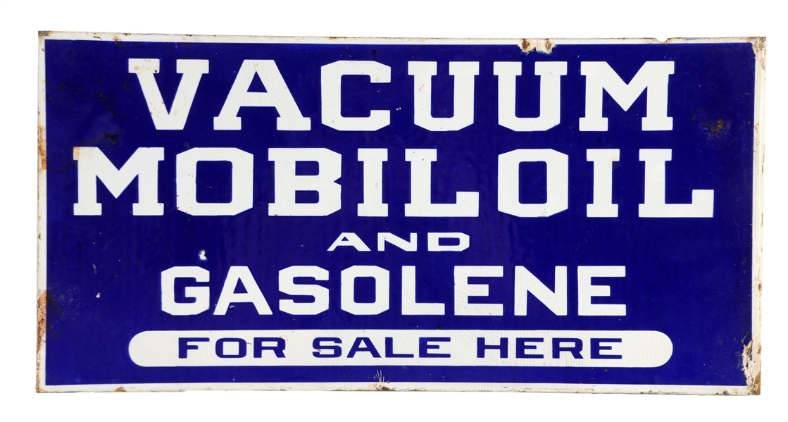 VACUUM MOBIL OIL AND GASOLENE "FOR SALE HERE" PORCELAIN SIGN.