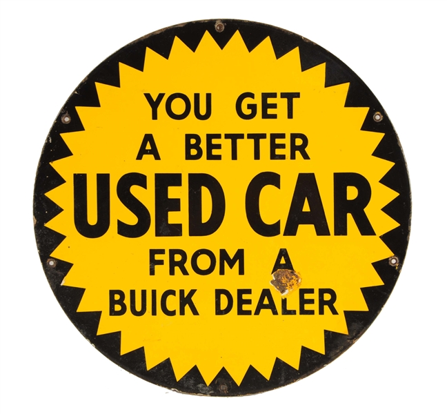 USED CAR FROM A BUICK DEALER PORCELAIN SIGN.