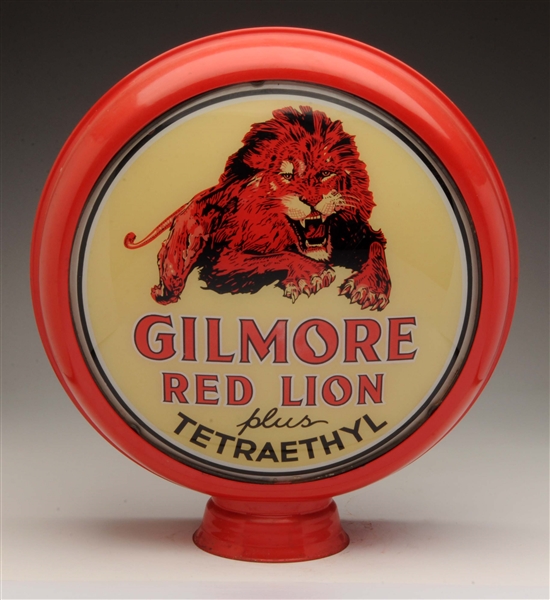 GILMORE RED LION PLUS TETRAETHYL 15" SINGLE GLOBE LENS.