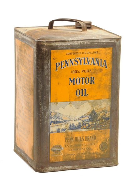 PENNSYLVANIA MOTOR OIL FIVE GALLON SQUARE METAL CAN.