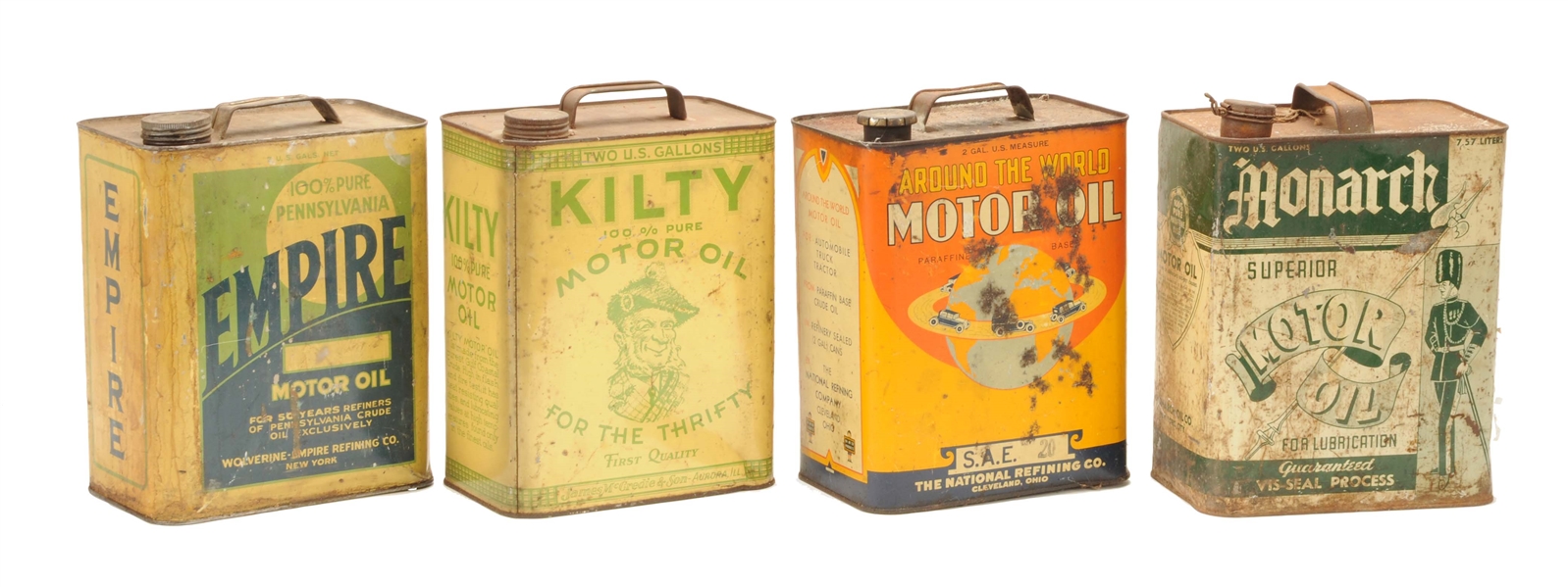 LOT OF 4: TWO GALLON MOTOR OIL METAL CANS.
