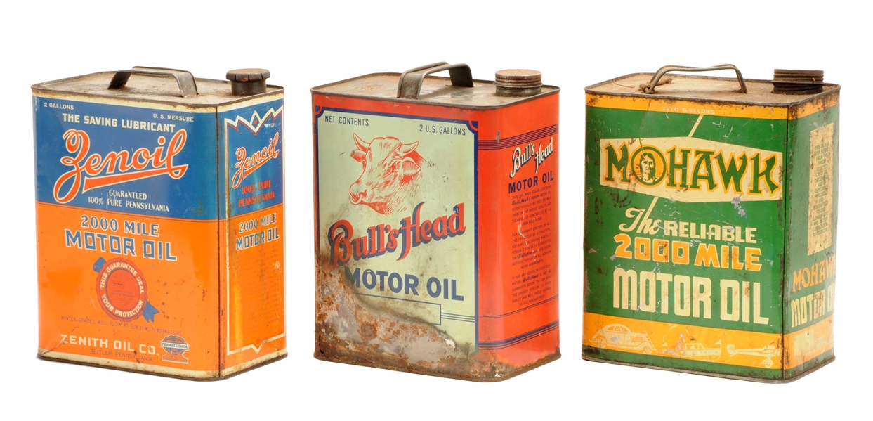 LOT OF 3: TWO GALLON MOTOR OIL METAL CANS.