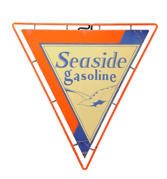 SEASIDE GASOLINE W/ SEA GULL GRAPHICS DIECUT PORCELAIN SIGN.