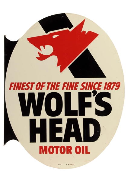 WOLFS HEAD MOTOR OIL METAL FLANGE SIGN.