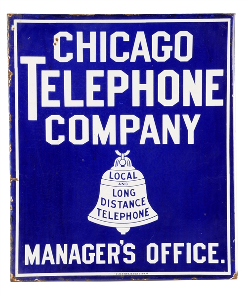 CHICAGO TELEPHONE COMPANY MANGERS OFFICE PORCELAIN FLANGE SIGN.