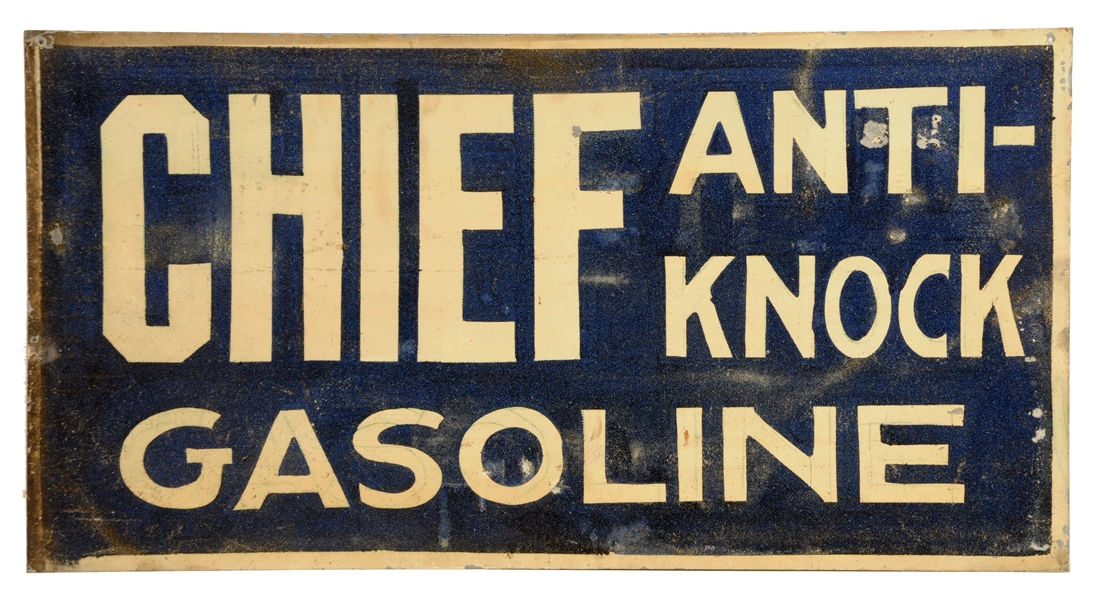 CHIEF ANT-KNOCK GASOLINE SAND PAINTED METAL SIGN.