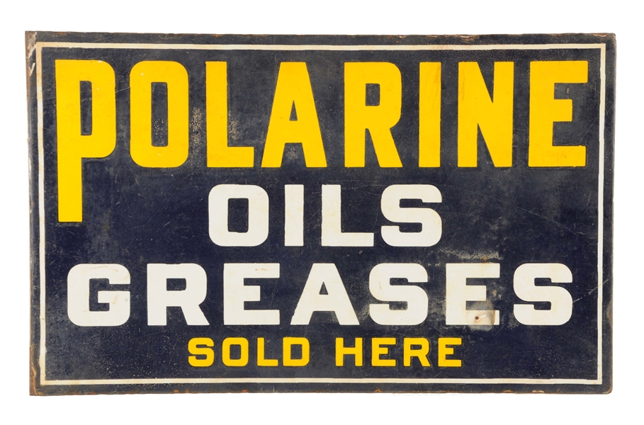 POLARINE OILS GREASES SOLD HERE PORCELAIN FLANGE SIGN.