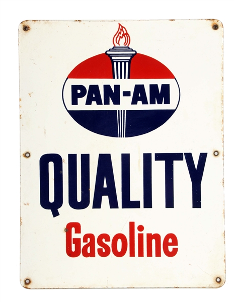 PAN-AM QUALITY GASOLINE W/ LOGO PORCELAIN SIGN.