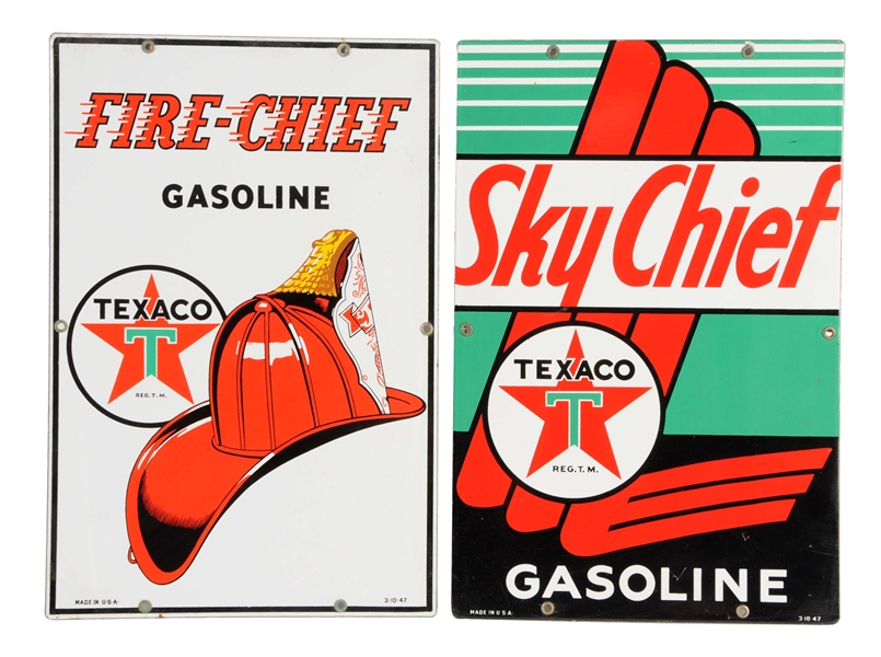 LOT OF 2: TEXACO FIRE CHIEF & SKY CHIEF PORCELAIN SIGNS.