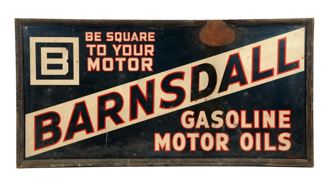 BARNSDALL GASOLINE MOTOR OIL "BE SQUARE TO YOUR MOTOR" METAL SIGN.