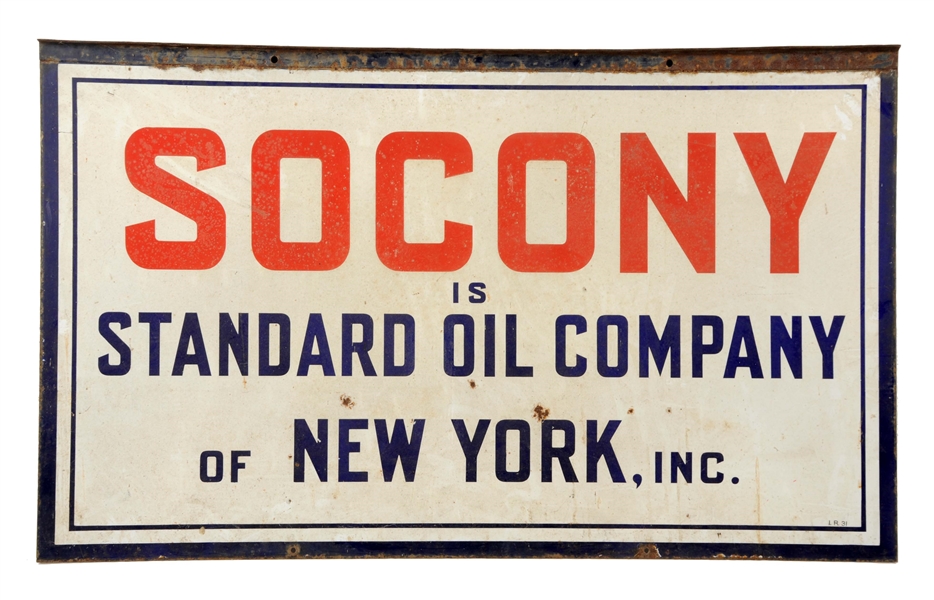 SOCONY IS STANDARD OIL COMPANY OF NEW YORK INC. IDENTIFICATION PORCELAIN SIGN.
