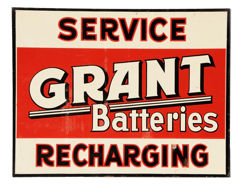 GRANT BATTERIES SERVICE RECHARGING METAL FLANGE SIGN.