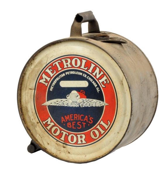 METOLINE MOTOR OIL FIVE GALLON ROCKER CAN.