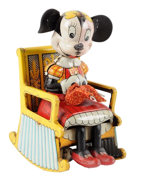 LINEMAR WALT DISNEY TIN LITHIO WIND UP  MINNIE MOUSE IN ROCKER TOY.