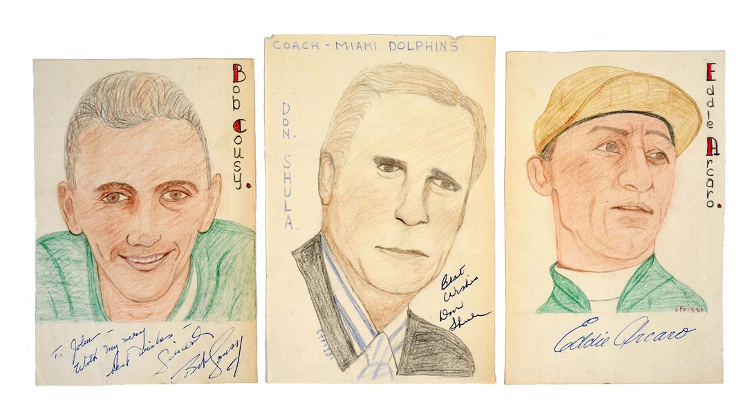 LOT OF 3: SIGNED COLORED SKETCHES OF SPORTS HEROS WITH COAS.