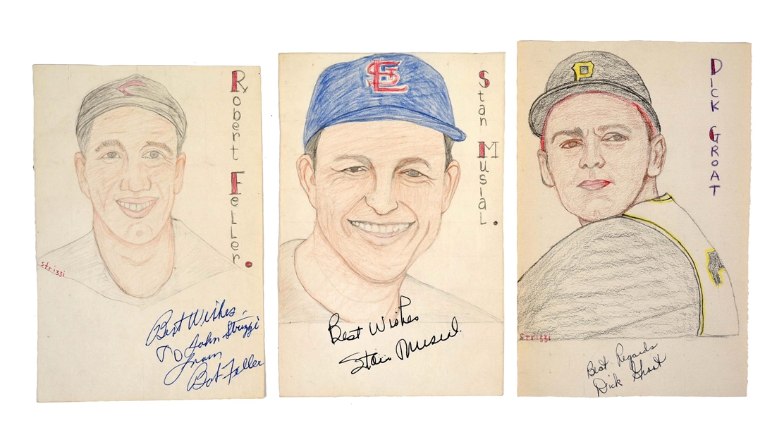 LOT OF 3: SIGNED COLORED SKETCHES OF FAMOUS BASEBALL PLAYERS WITH COAS.