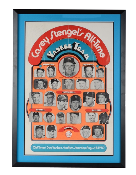 CASEY STENGELS SIGNED ALL-TIME YANKEE TEAM POSTER WITH LOA.