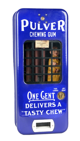 1¢ PULVER BLUE PORCELAIN GUM VENDING MACHINE. 