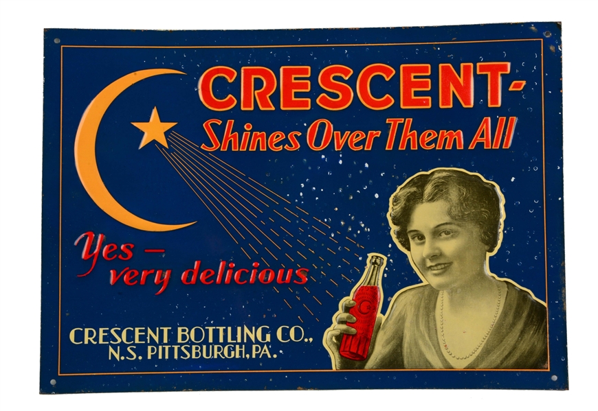  CRESCENT BOTTLING CO. EMBOSSED TIN SIGN. 