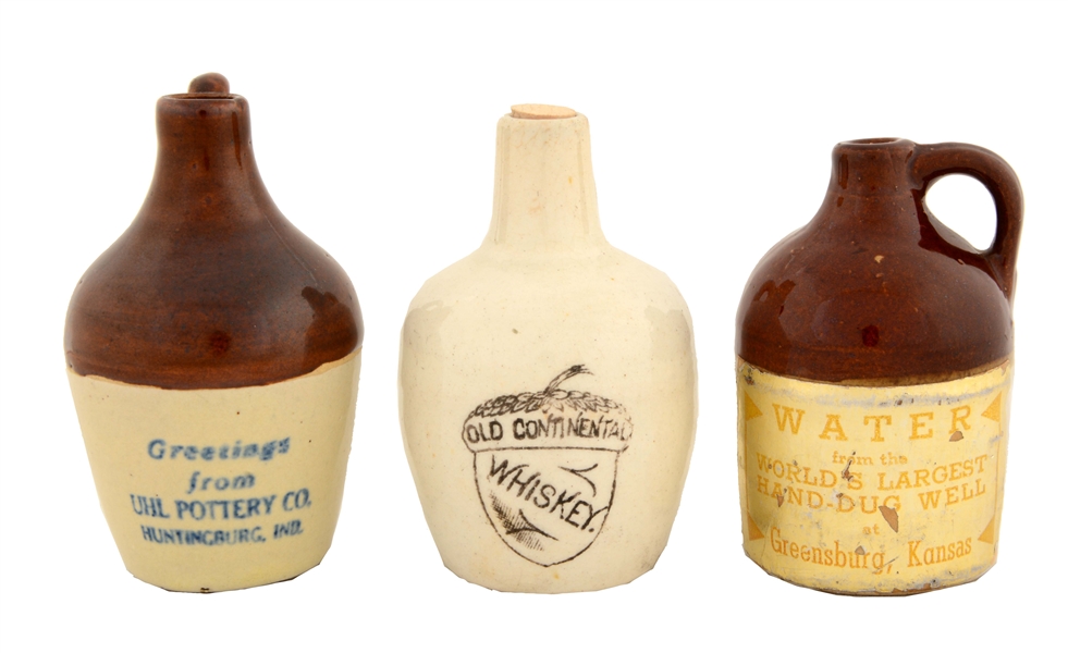 LOT OF 3: EARLY SMALL WHISKEY JUGS. 