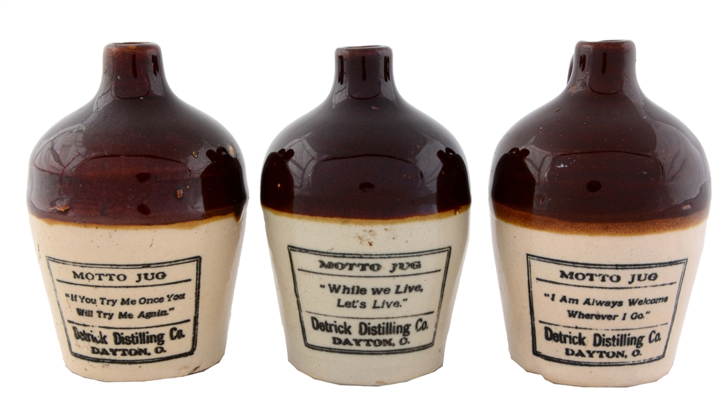 LOT OF 3: MOTTO JUGS FROM THE DETRICK DISTILLING CO. 