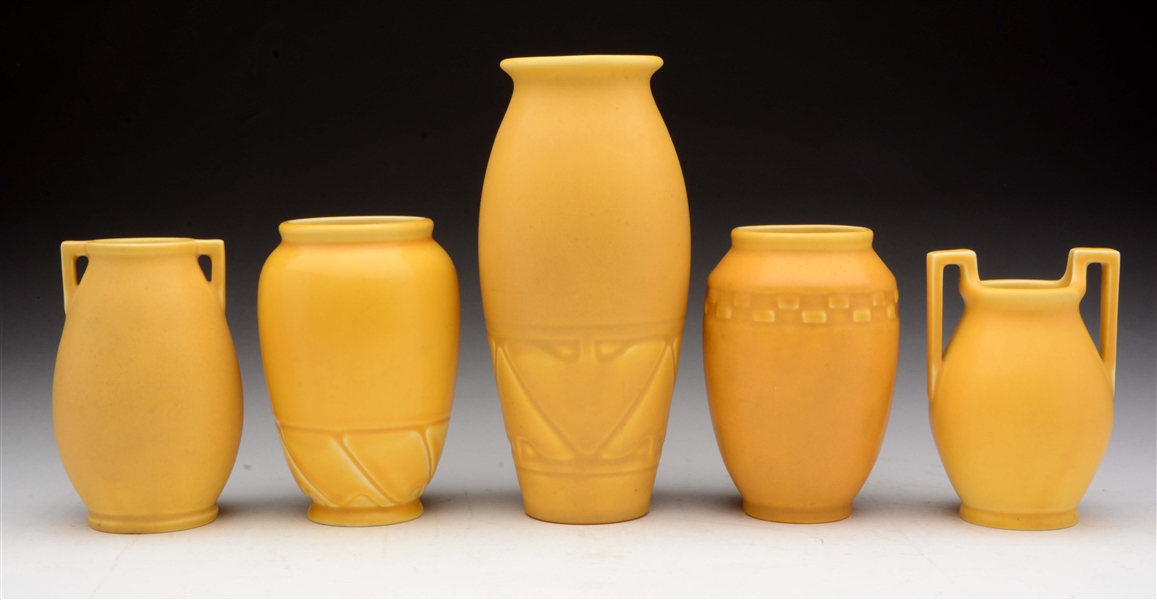 LOT OF 5: YELLOW PRODUCTION ROOKWOOD VASES. 