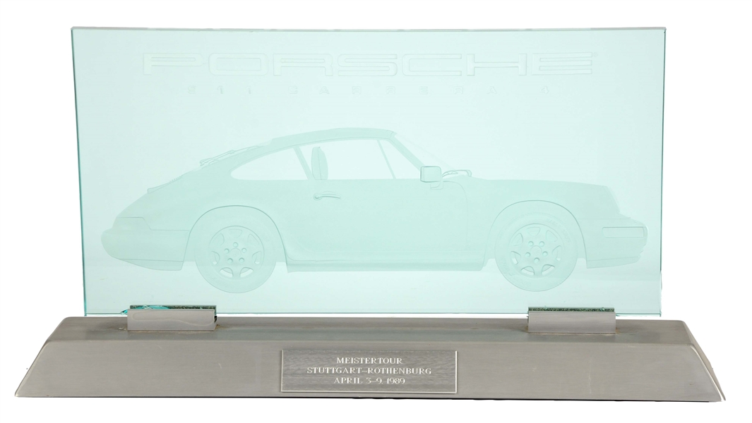 1989 PORSCHE 911 CARRER ETCHED GLASS DISPLAY SIGN W/ METAL BASE. 