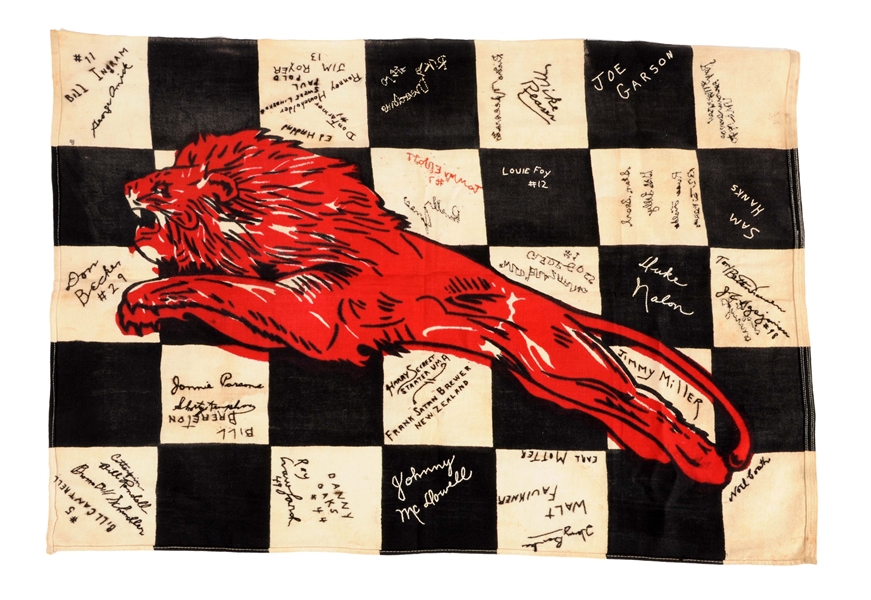 GILMORE GASOLINE RACING FLAG W/ STITCHED RACER AUTOGRAPHS.