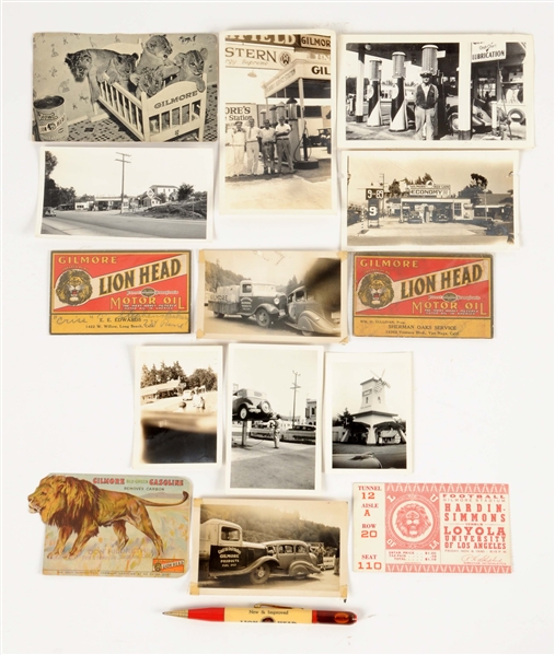 LOT OF 14: GILMORE GASOLINE PHOTOGRAPHS, BUSINESS CARDS & OTHER ITEMS.