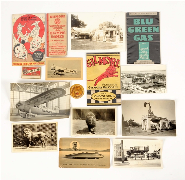 LOT OF 15: GILMORE GASOLINE PHOTOGRAPHS & ADVERTISEMENTS.