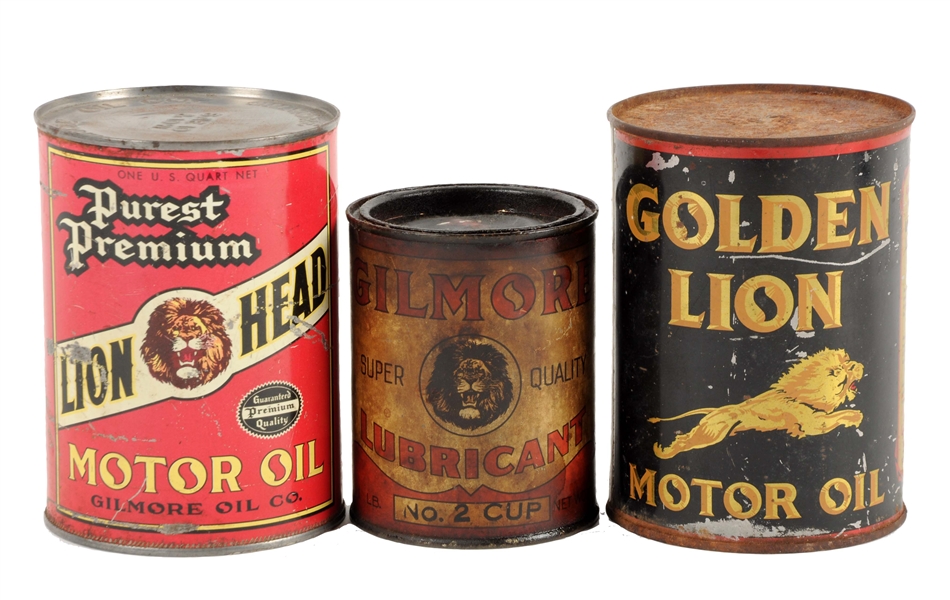LOT OF 3: GILMORE MOTOR OIL QUART CANS & GREASE CUP.