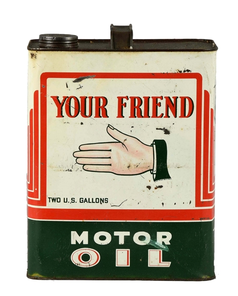 (BILLUPS) YOUR FRIEND MOTOR OIL TWO GALLON CAN.   