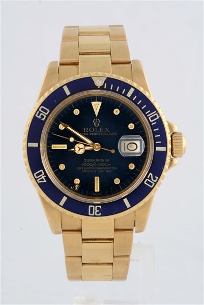 ROLEX 18K YELLOW GOLD SUBMARINER WITH BLUE BEZEL AND DIAL REF 16808