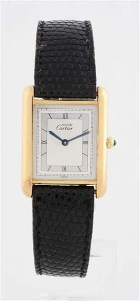 CARTIER GOLD PLATED YELLOW GOLD MID-SIZE TANK ON CARTIER STRAP