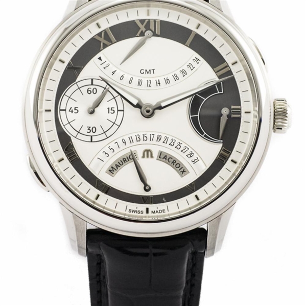 MAURICE LACROIX STAINLESS STEEL MASTERPIECE CALENDAR RETROGRADE GMT REF. MP7218-SS001-110.