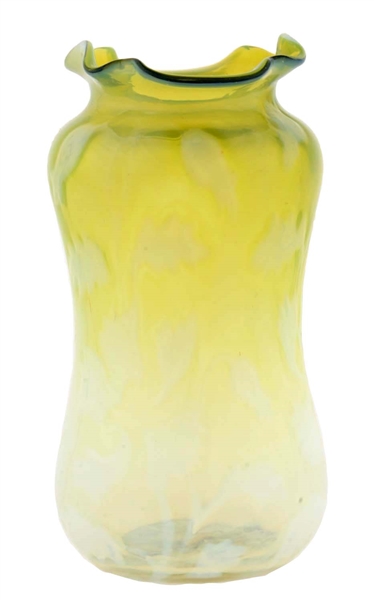 OPALESCENT VASELINE GLASS VASE WITH FLOWERS.
