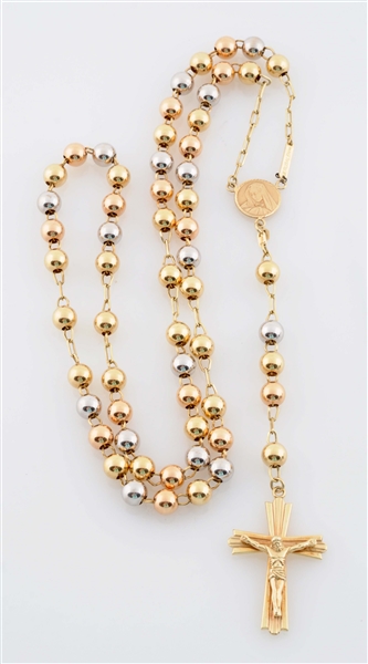14K YELLOW GOLD ROSARY BEADED NECKLACE & CROSS.