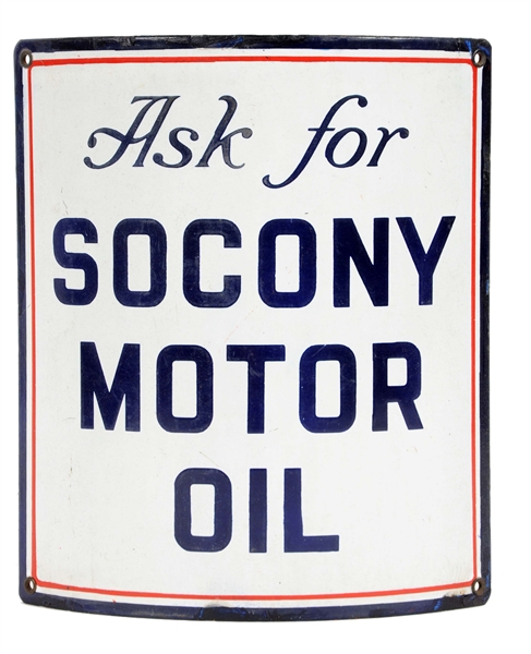 PORCELAIN SOCONY MOTOR OIL CURVED PUMP SIGN. 