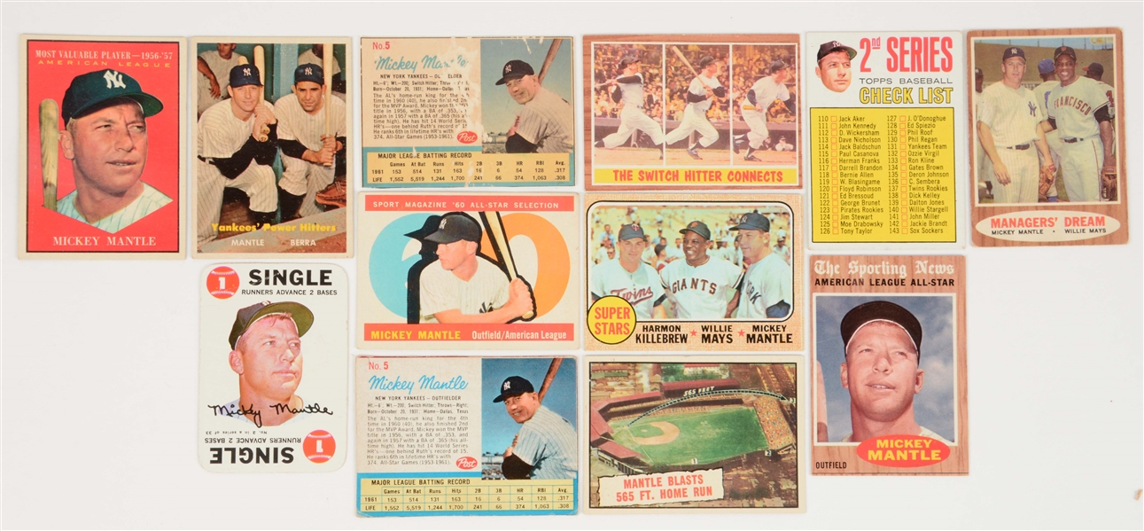 LOT OF 12: 1957-68 MICKEY MANTLE CARD COLLECTION.