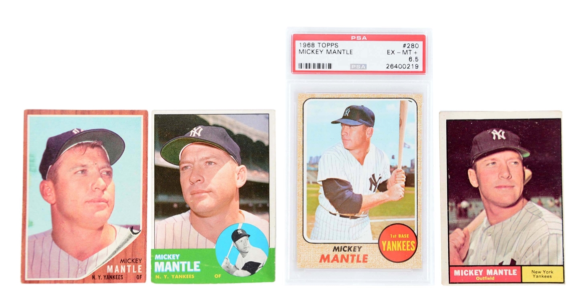 LOT OF 4: 1961-68 TOPPS MICKEY MANTLE CARDS.